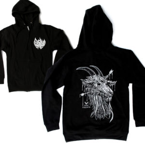 Black zip-up hoodie with lite gray goat head screen print on back